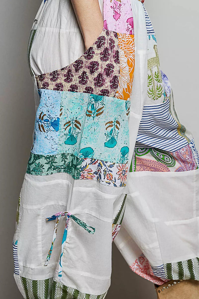 Printed Patchwork Wide Leg Pants with Adjustable Side Drawstring by POL