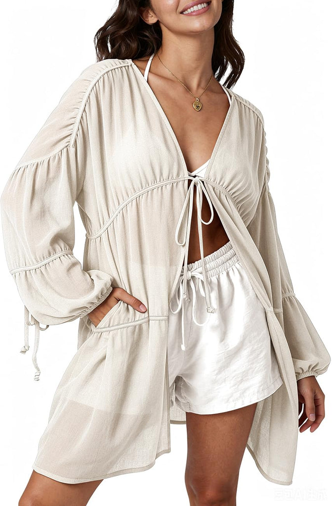 Romantic Linen Kimono Tie Front Duster with Pockets