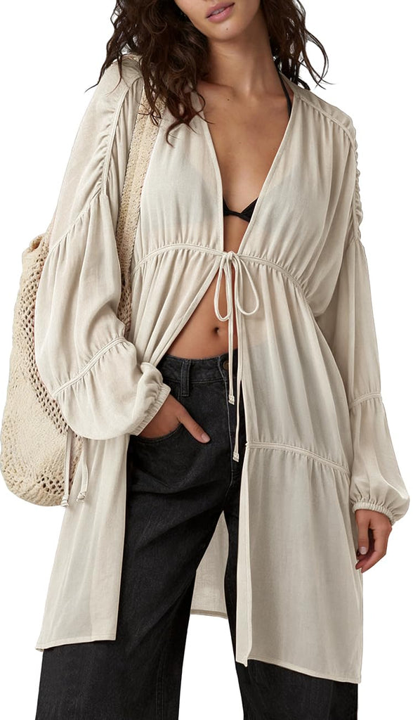 Romantic Linen Kimono Tie Front Duster with Pockets