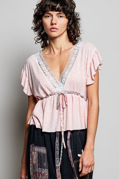 Tied Ruffled Blouse with Lace Detail by POL