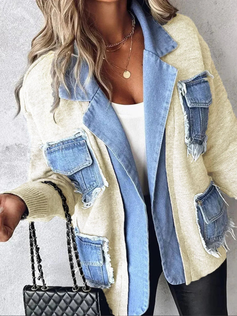 All You Need Is Denim Raw Hem Pocket Patchwork Cardigan