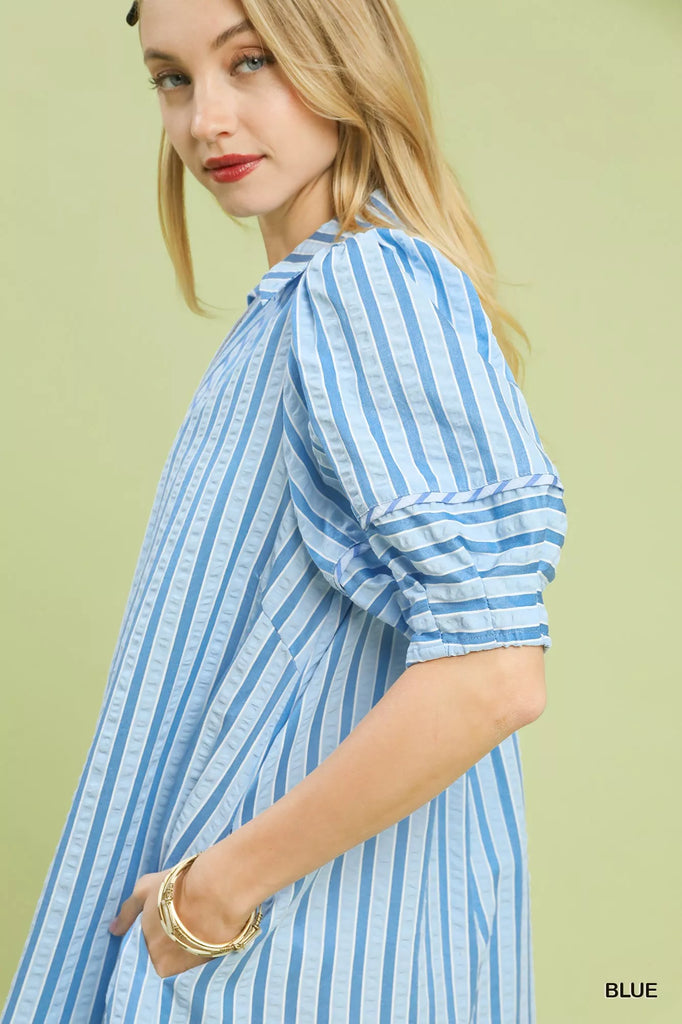 Saltwater Striped Puff Sleeve Dress by Umgee