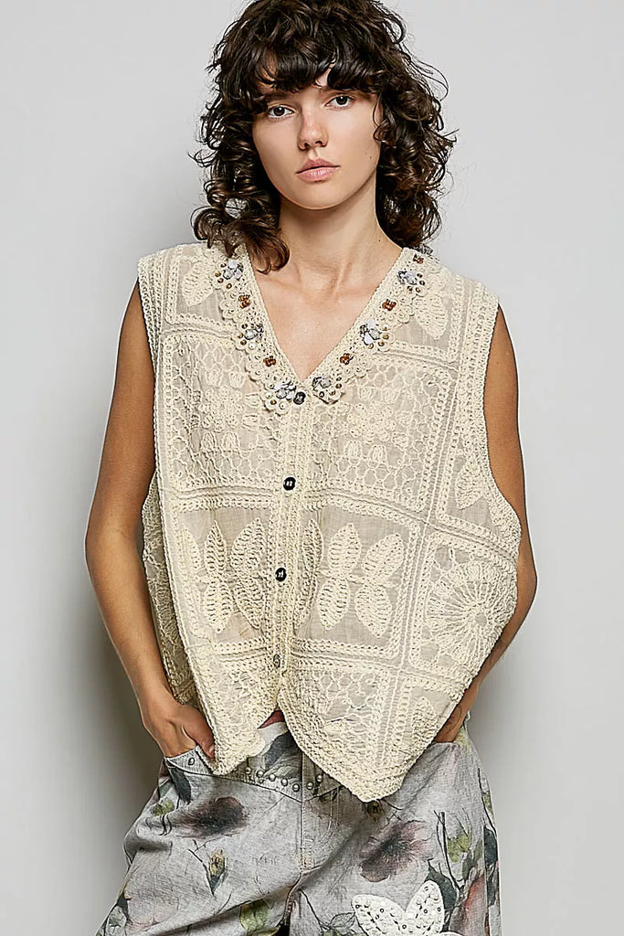 Lace Trim Embroidered Floral Crochet Vest by POL