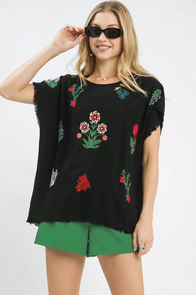 Linen Blend Embroidered Frayed Hem Top by Umgee