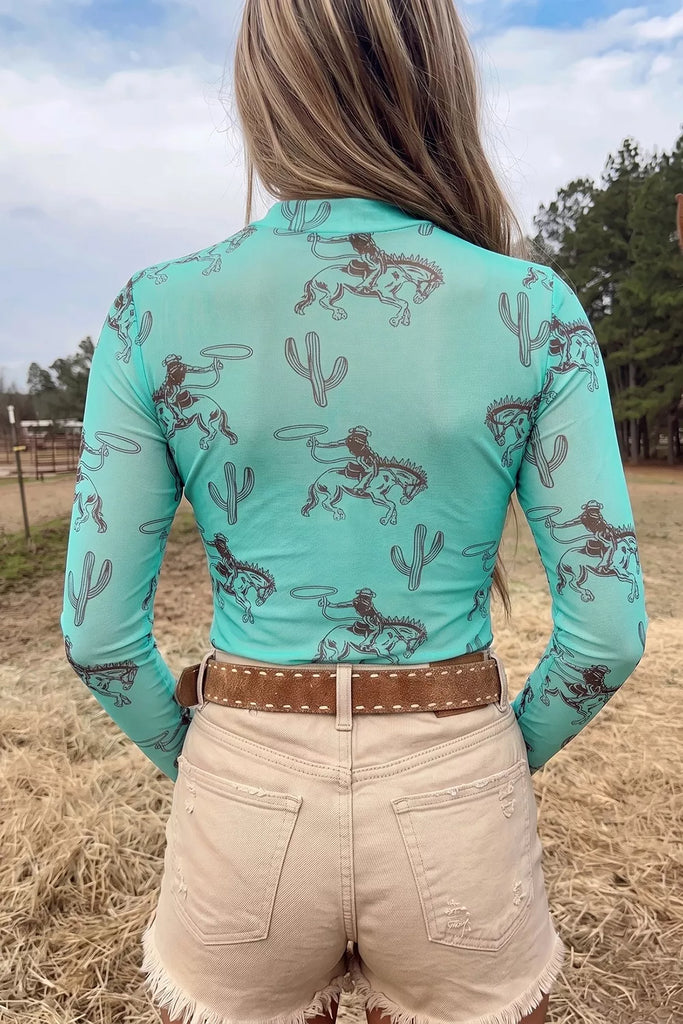 Cowboy and Cactus Print Mesh Tee Shirt