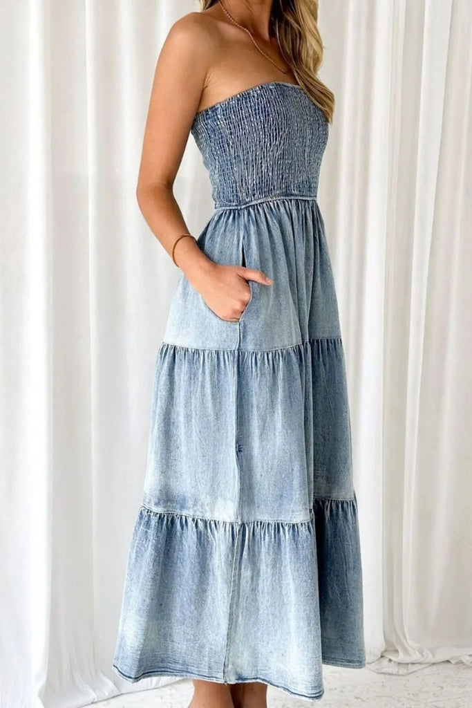 Judy Blue Eyes Smocked Tube Slit Tiered Denim Dress