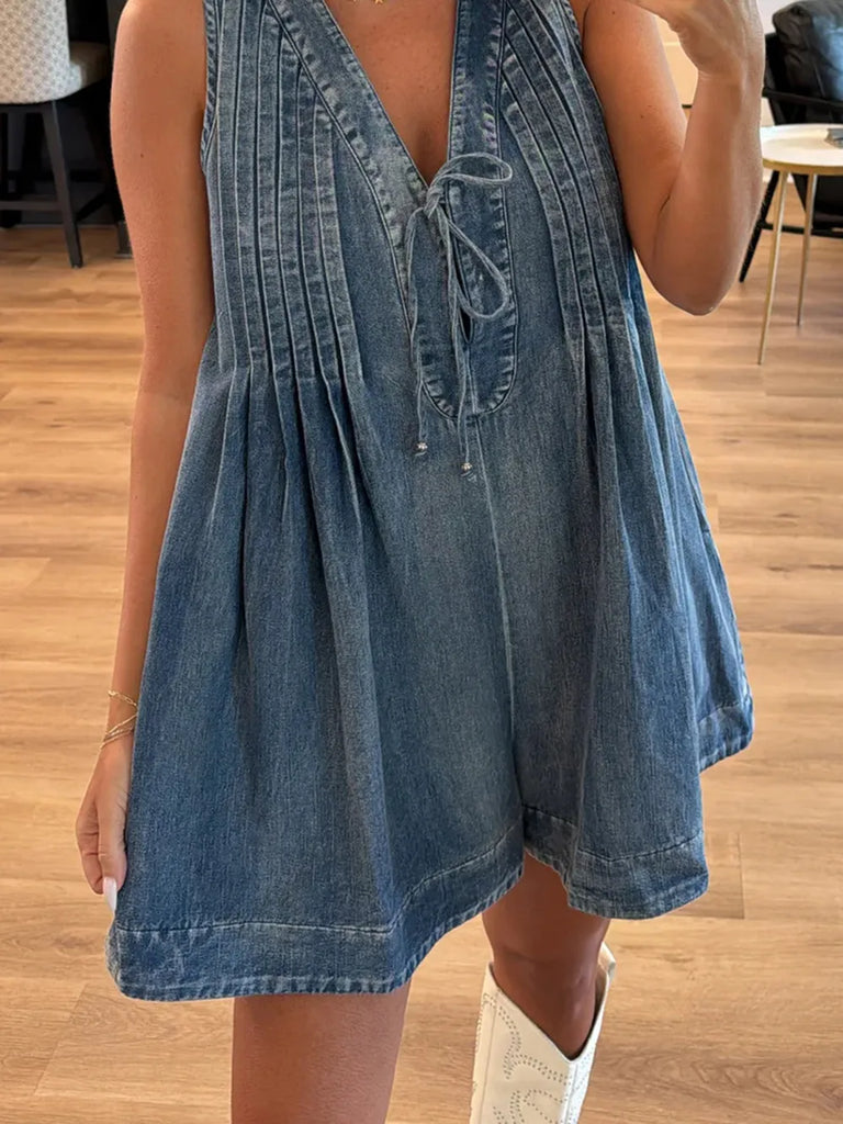 Oh So Precious Tied Denim Romper with Pockets