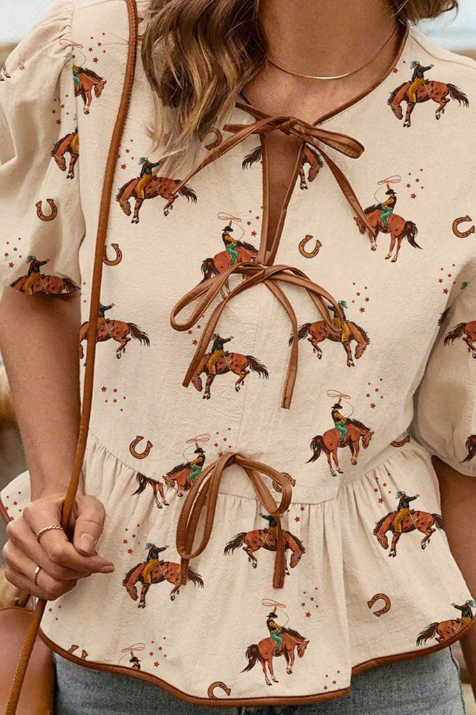 Way Out West Horse Print Tie-Front Peplum Blouse