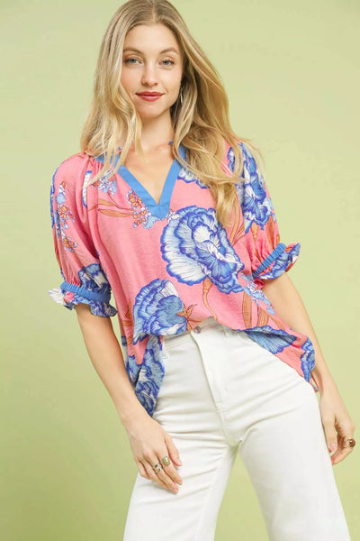Floral V-Neck Puff Sleeve Blouse by Umgee
