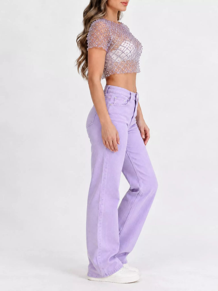 Gallivanting Around Sheer Mesh Pearl Embellished Crop Top