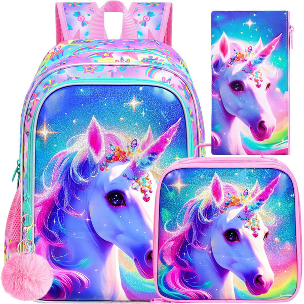 Three Piece Unicorn Backpack with Lunch Box