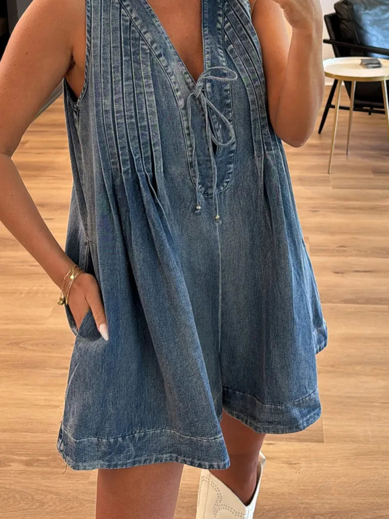 Oh So Precious Tied Denim Romper with Pockets