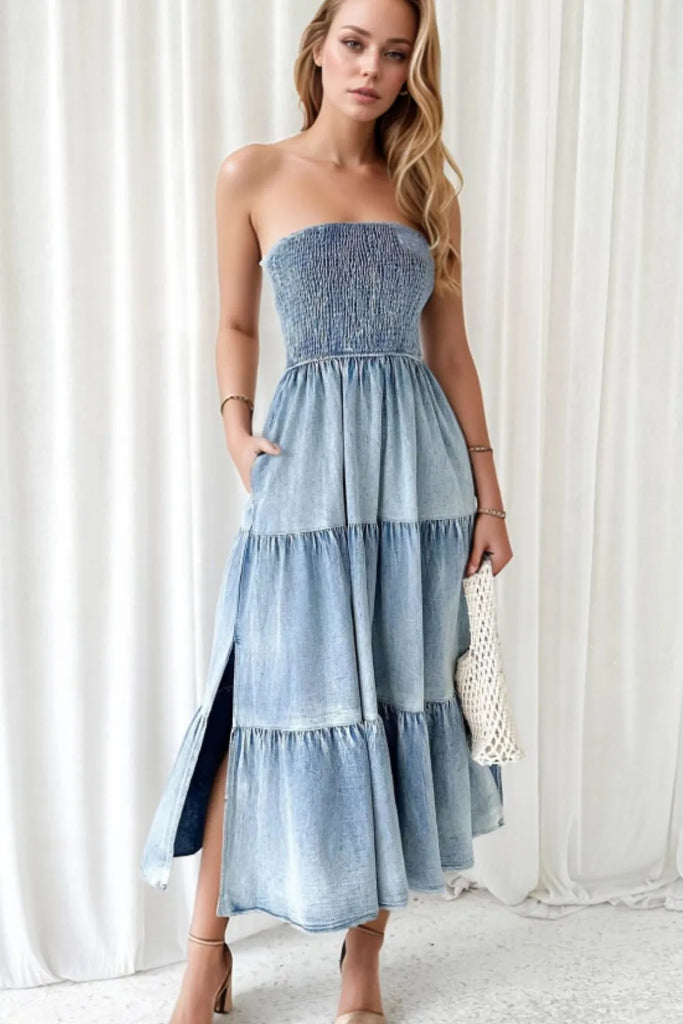 Judy Blue Eyes Smocked Tube Slit Tiered Denim Dress