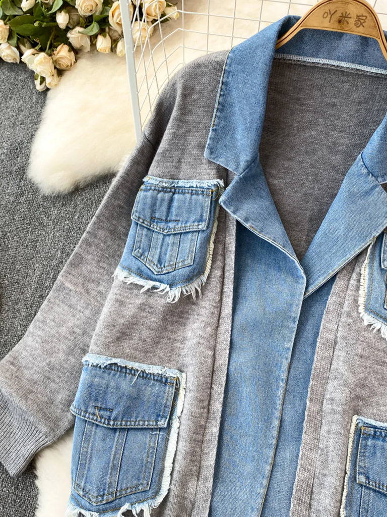 All You Need Is Denim Raw Hem Pocket Patchwork Cardigan