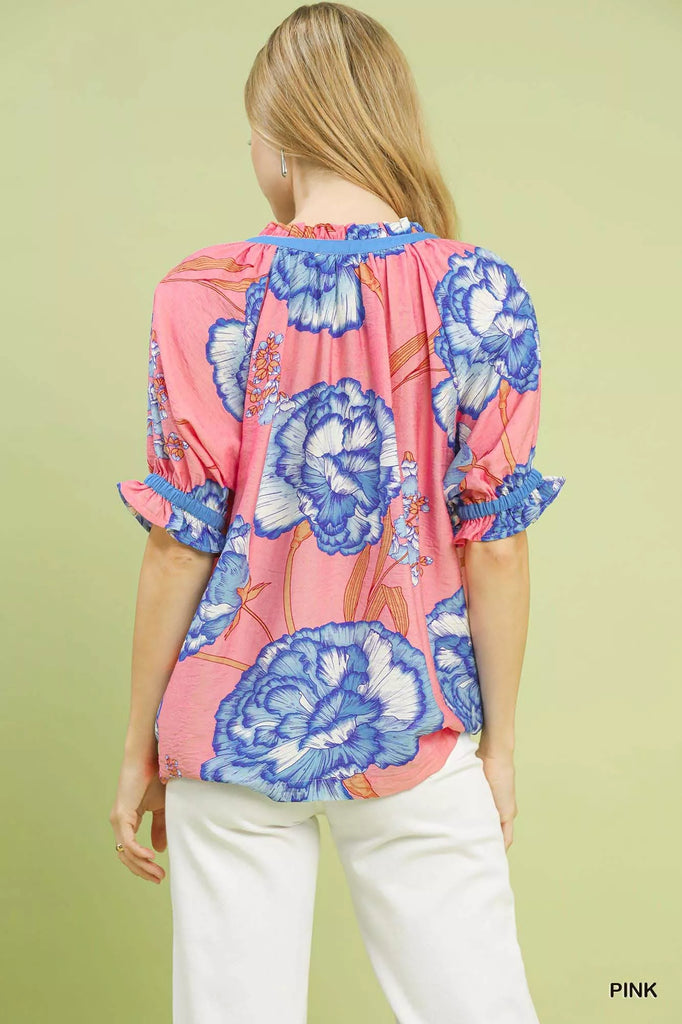 Floral V-Neck Puff Sleeve Blouse by Umgee