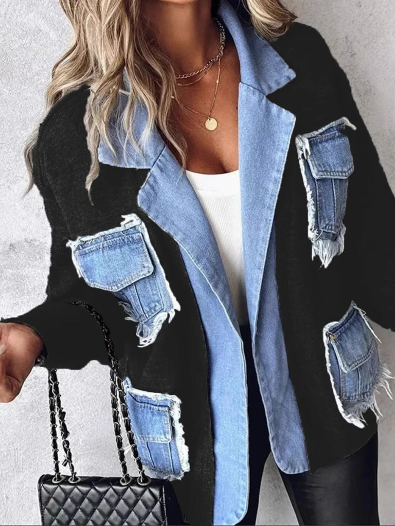 All You Need Is Denim Raw Hem Pocket Patchwork Cardigan