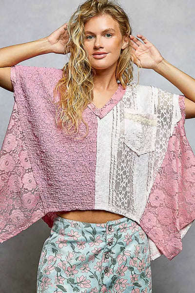 Asymmetrical V-Neck Short Sleeve Lace Top by POL