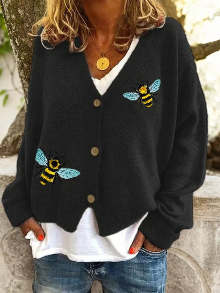 Adorable Bee Embroidered Button-Down Cardigan