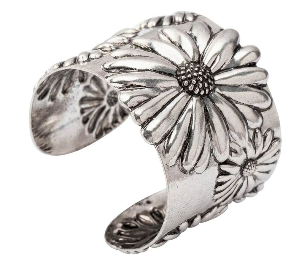 Silver Tone Western Flower Cuff Bracelet