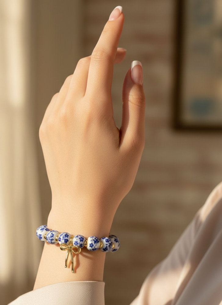 Bow Charm Blue Floral Porcelain Bead Bracelet
