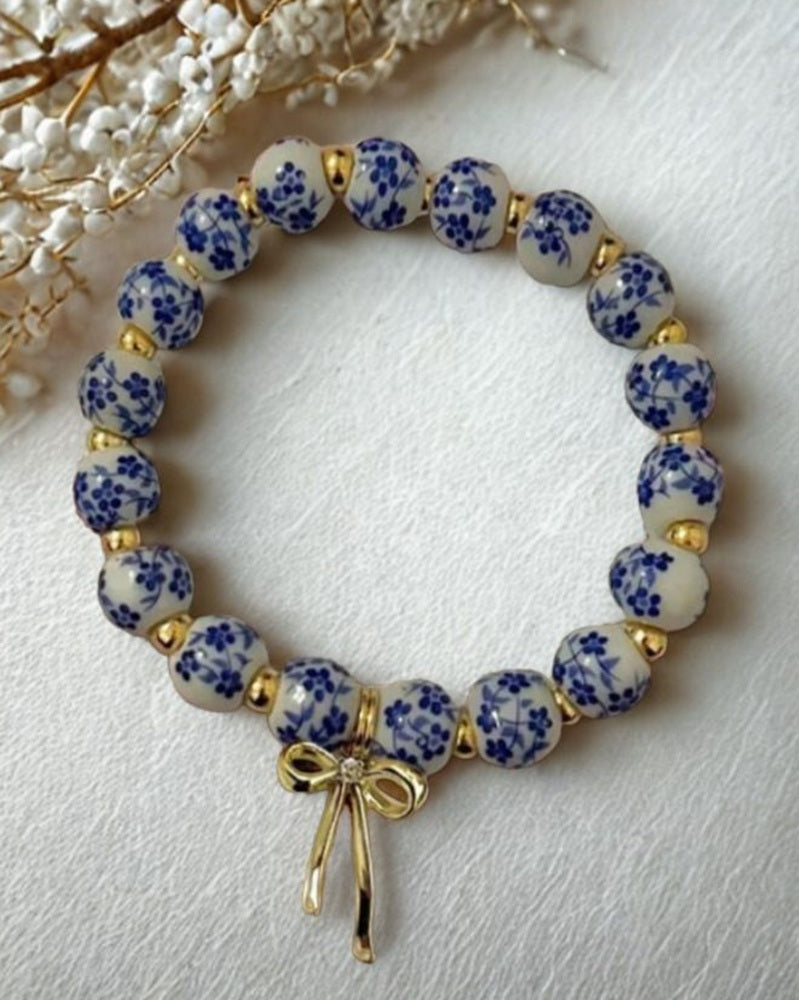 Bow Charm Blue Floral Porcelain Bead Bracelet