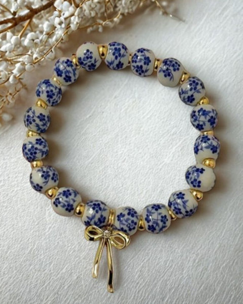 Bow Charm Blue Floral Porcelain Bead Bracelet
