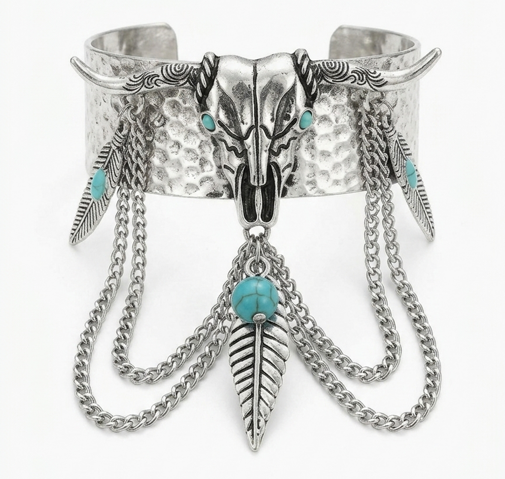 Silver Tone Western Steer Head Bracelet
