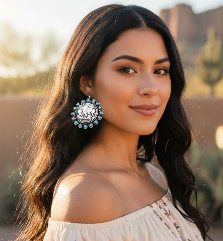 Turquoise Buffalo Coin Earrings