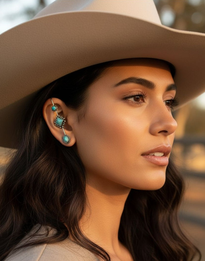 Western Turquoise Silver Tone Climber Earring