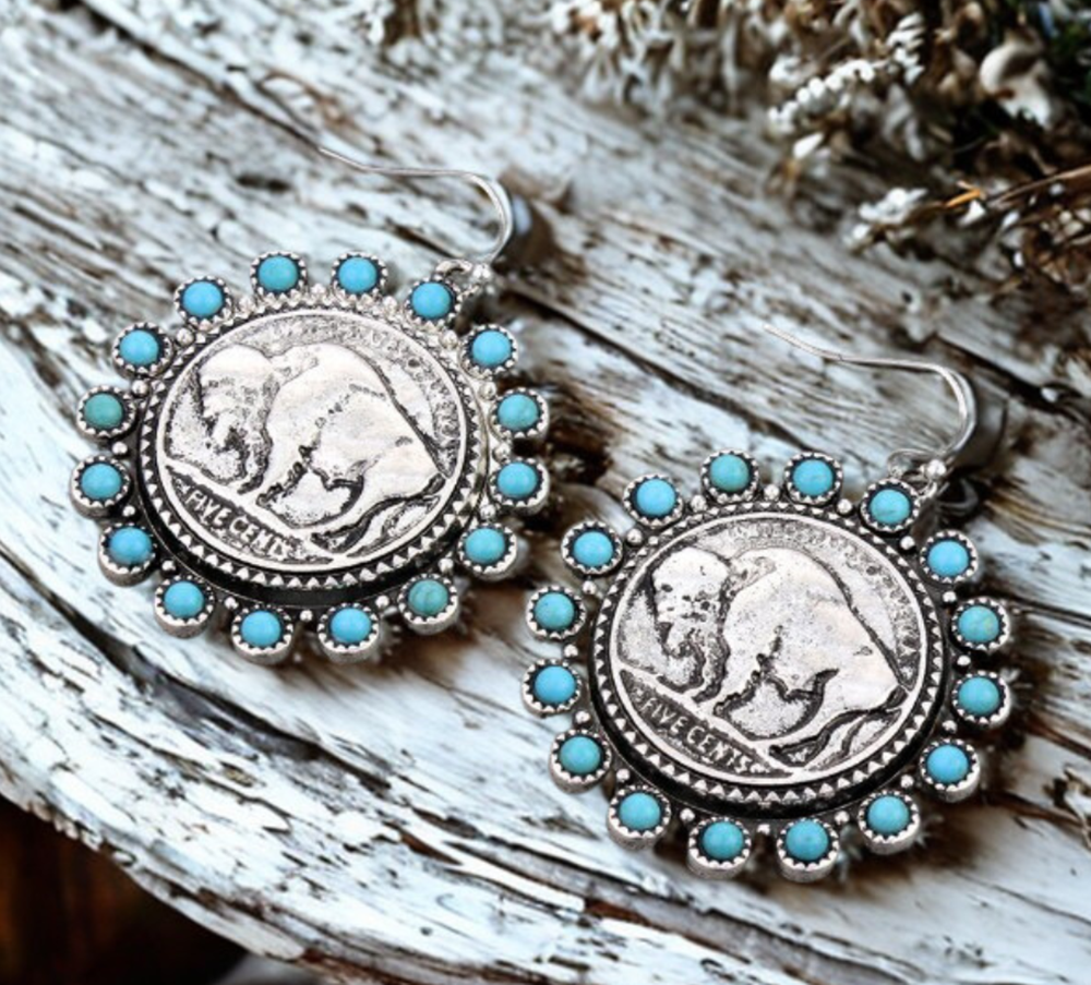 Turquoise Buffalo Coin Earrings