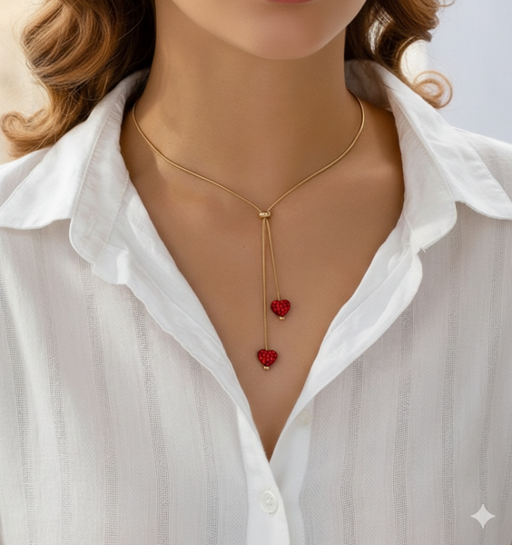 Dainty Adjustable Red Heart Lariat Necklace