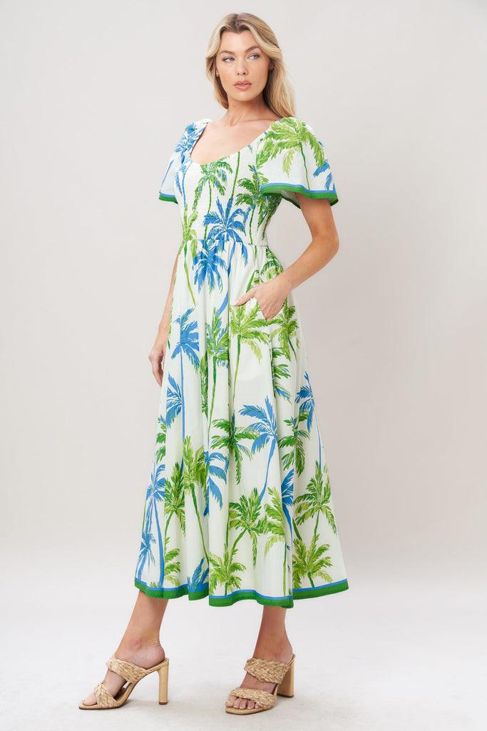 Palm Escapade Woven Midi Dress by Flying Tomato