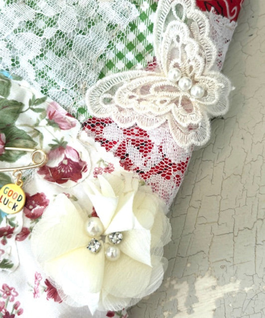 Vintage Soul: Hand-Sewn Upcycled Lace Red Bandana Scarf