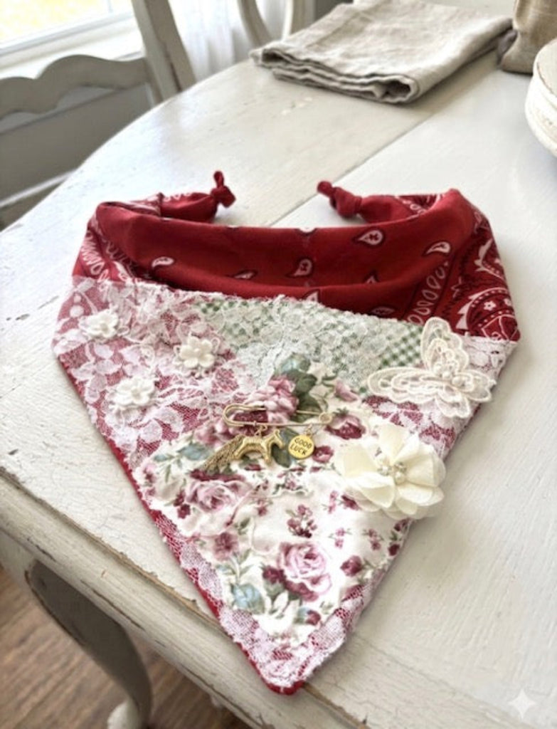 Vintage Soul: Hand-Sewn Upcycled Lace Red Bandana Scarf
