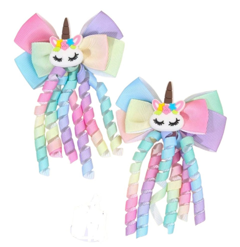 2-Piece Unicorn Hair Bows with Curly Ribbon Streamers