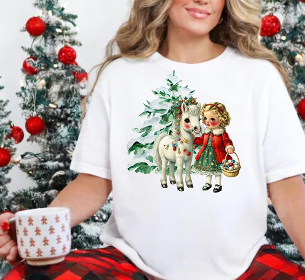 Retro 1950s Vintage Christmas Girl and Pony Horse Shirt