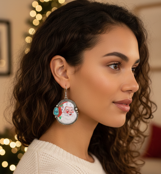Western Cowgirl Turquoise Santa Clause Christmas Earrings