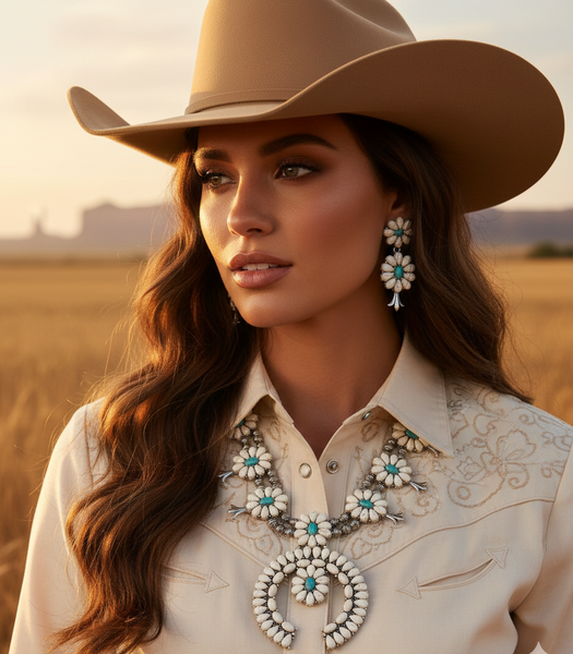 White Squash Blossom Chunky Turquoise Necklace and Earrings