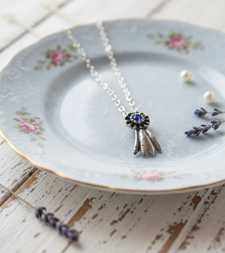 Petite Blue Horse Show Ribbon Necklace in Silver