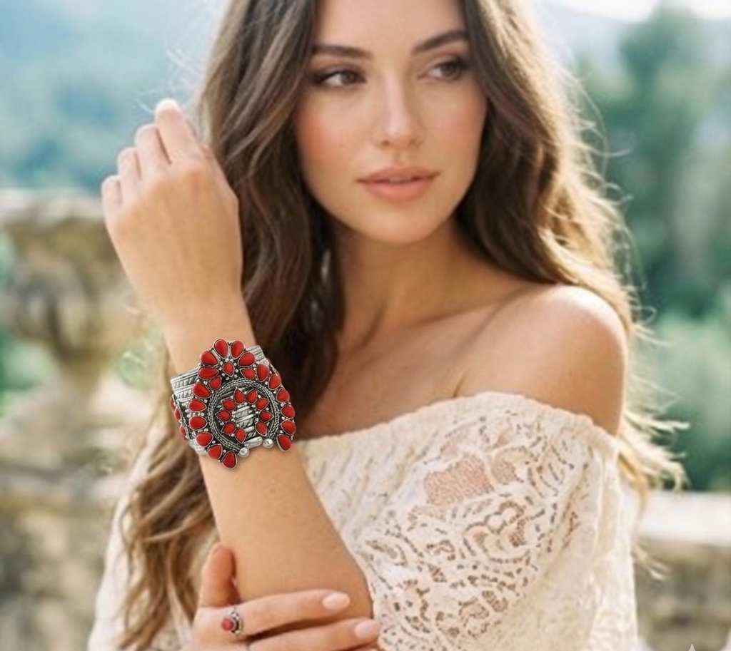 Silver Tone Red Stone Squash Blossom Western Cuff Bracelet