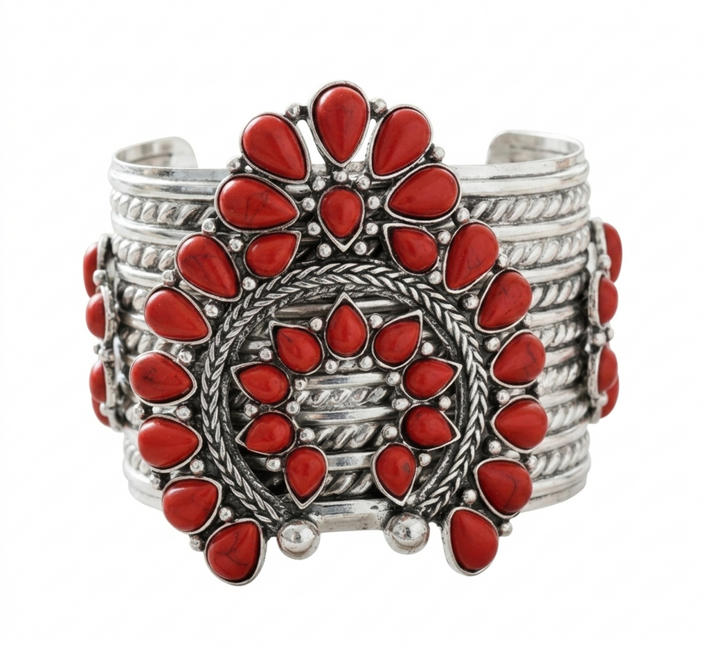 Silver Tone Red Stone Squash Blossom Western Cuff Bracelet