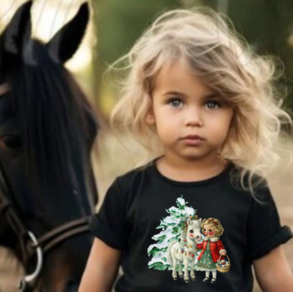 Kids Vintage Retro Christmas Girl and Pony Horse Shirt