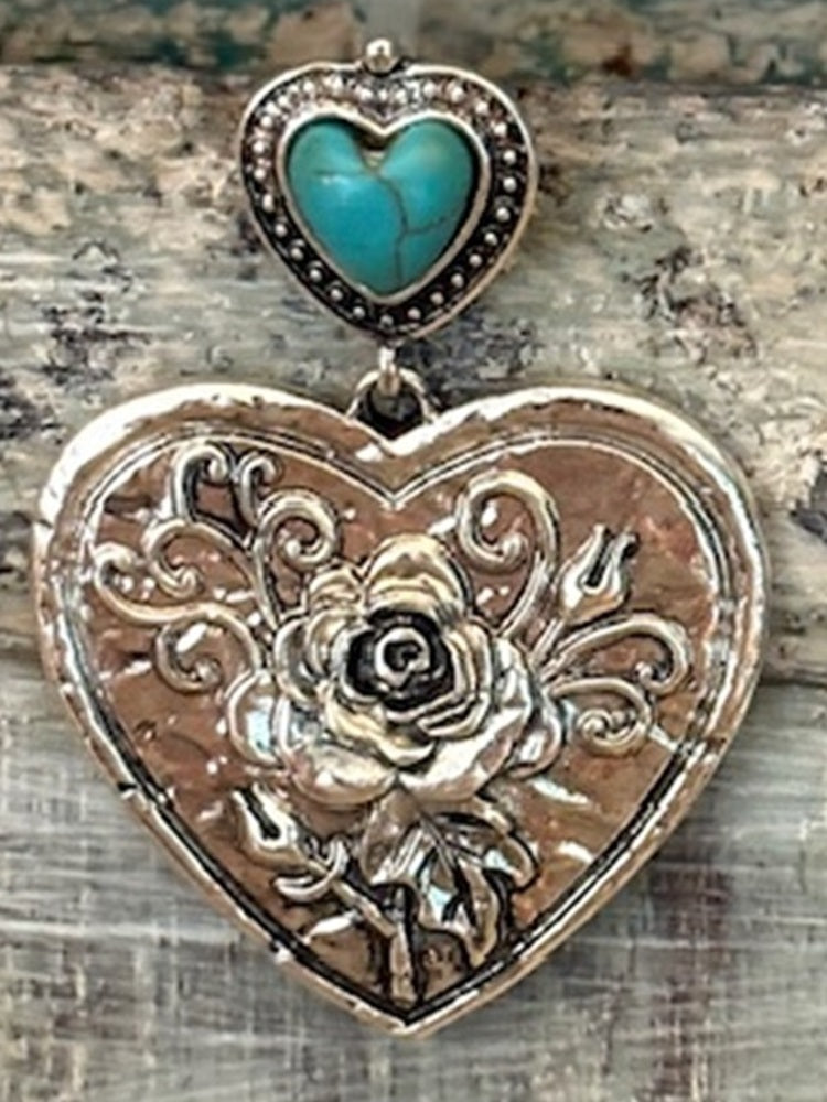 Turquoise Stone Silver Tone Heart Dangle Earring