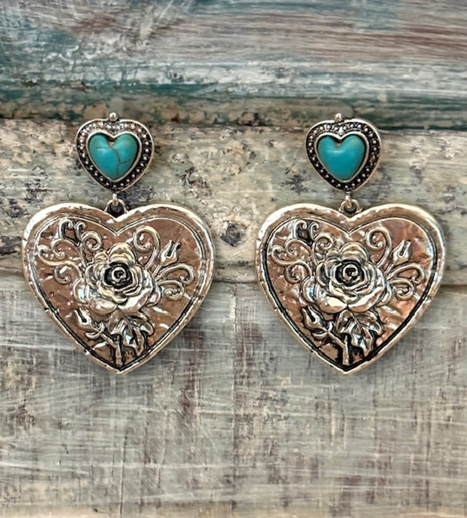 Turquoise Stone Silver Tone Heart Dangle Earring