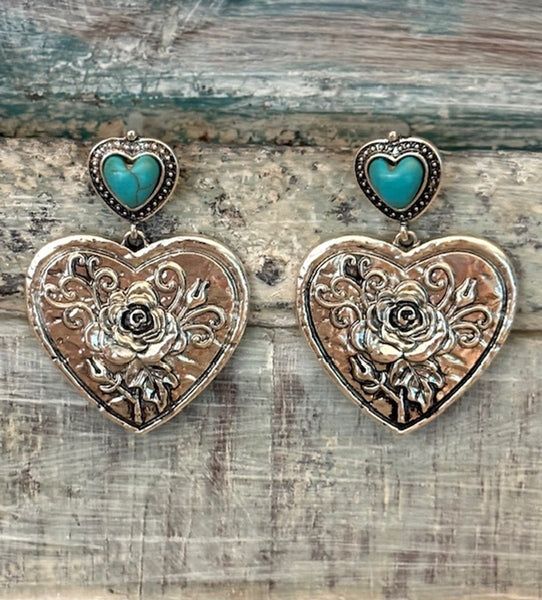 Turquoise Stone Silver Tone Heart Dangle Earring