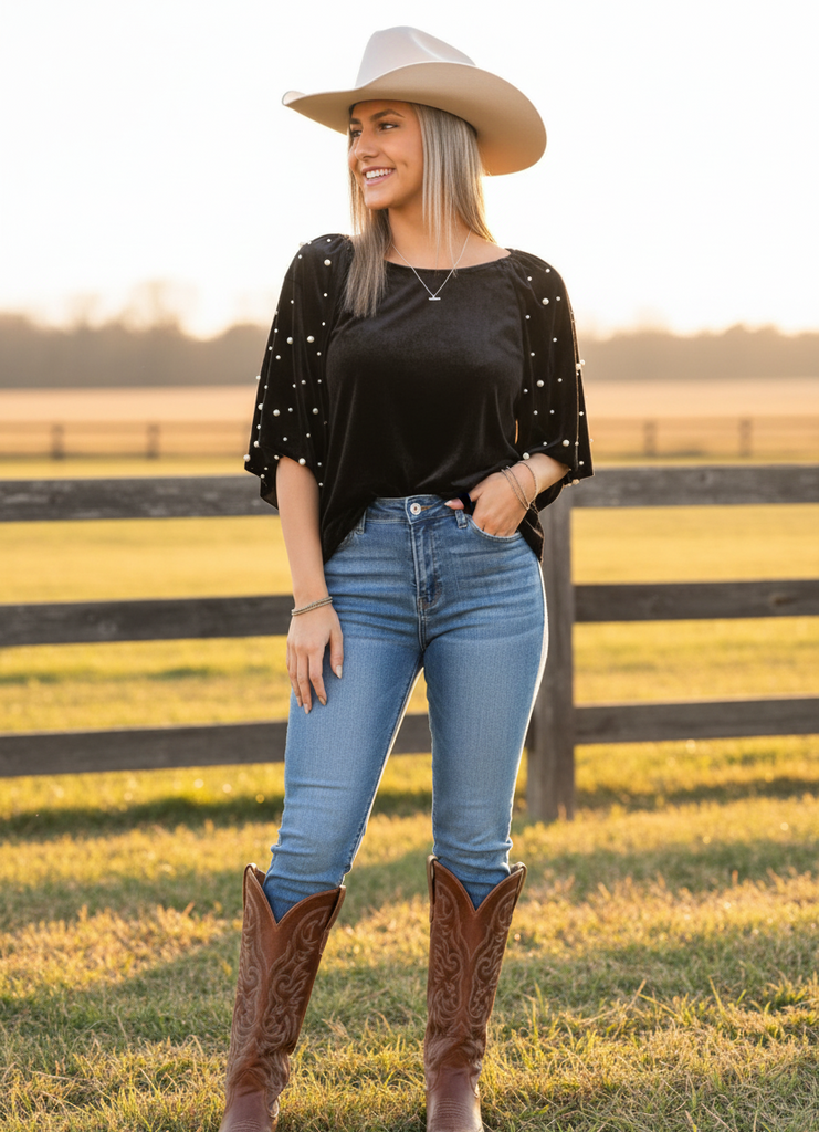 Tis the Season Pearl Beaded Velvet Top