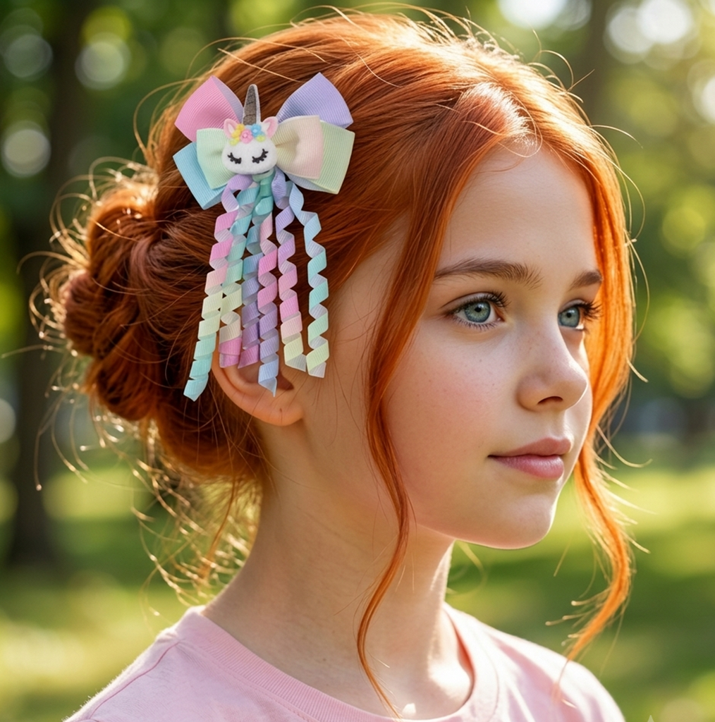 2-Piece Unicorn Hair Bows with Curly Ribbon Streamers