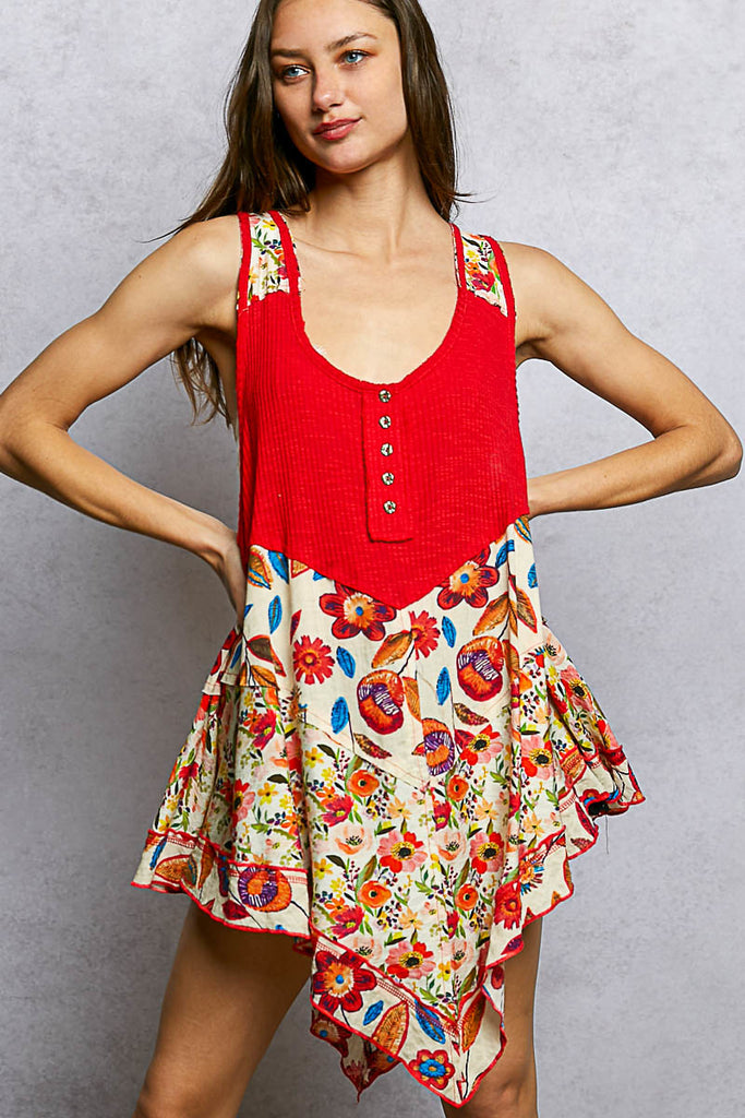 Round Neck Ribbed Tank with Woven Print Patch by POL