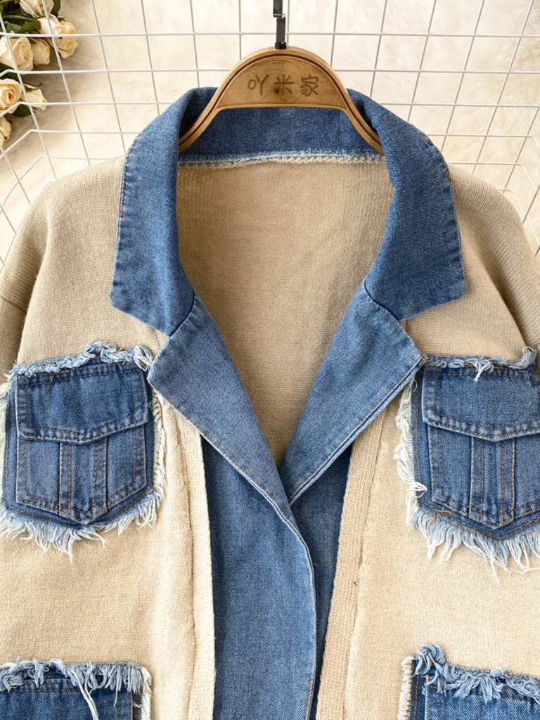 All You Need Is Denim Raw Hem Pocket Patchwork Cardigan