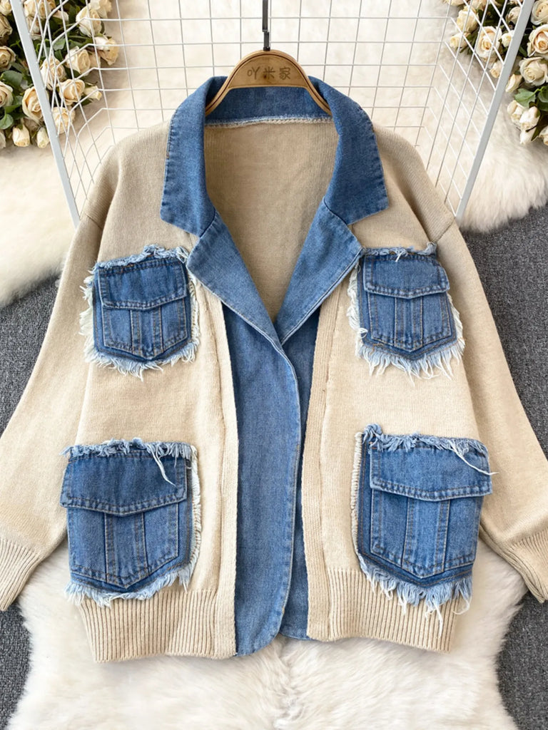 All You Need Is Denim Raw Hem Pocket Patchwork Cardigan